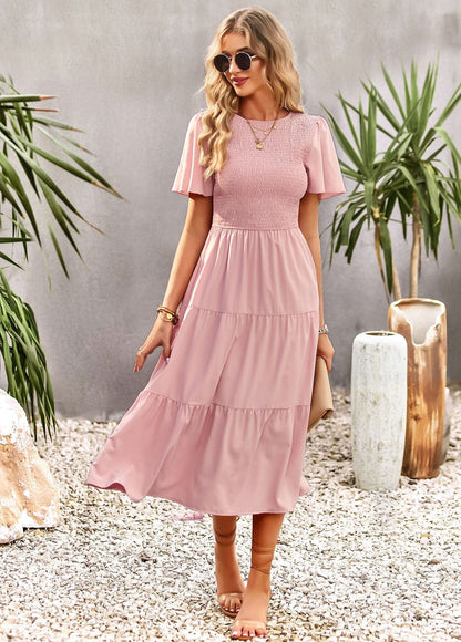 Midi Dress- Solid Smocked Waist Tiered Midi Dress- - IndioGear Fashion and Gear