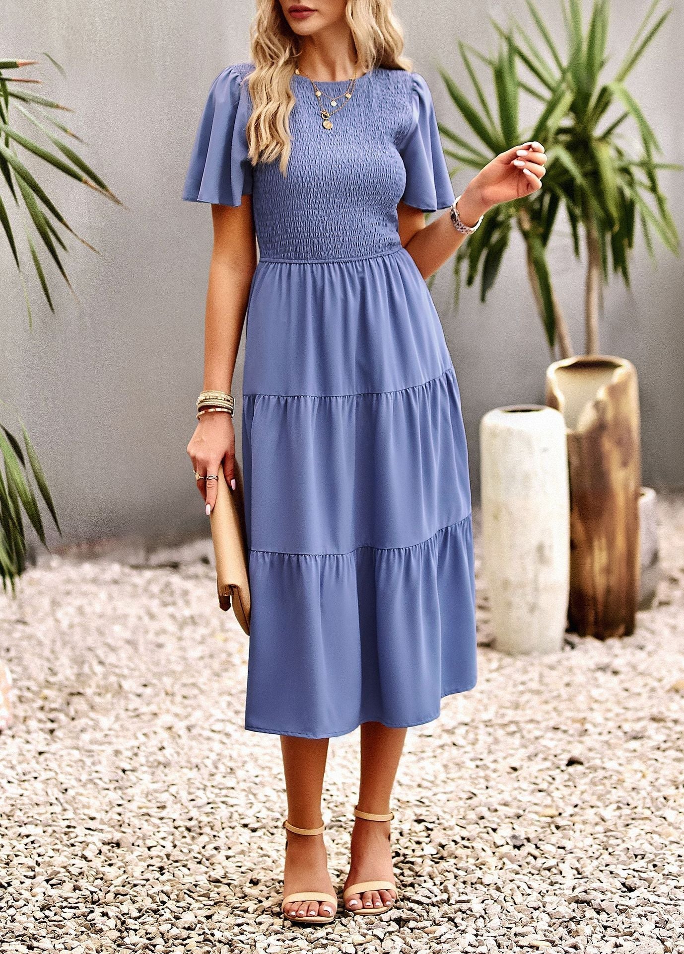 Midi Dress- Solid Smocked Waist Tiered Midi Dress- - IndioGear Fashion and Gear