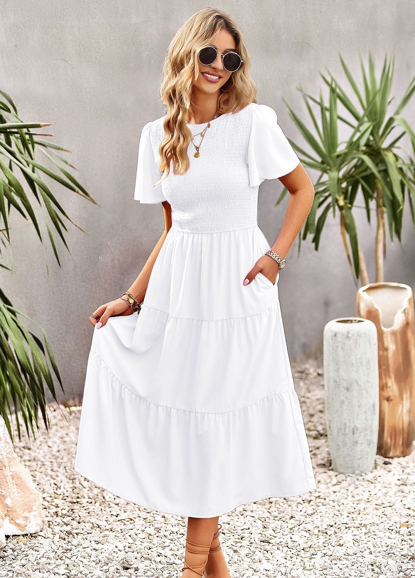 Midi Dress- Solid Smocked Waist Tiered Midi Dress- - IndioGear Fashion and Gear