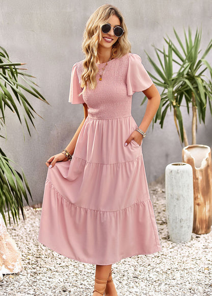 Midi Dress- Solid Smocked Waist Tiered Midi Dress- - IndioGear Fashion and Gear