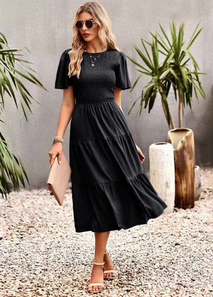 Midi Dress- Solid Smocked Waist Tiered Midi Dress- - IndioGear Fashion and Gear