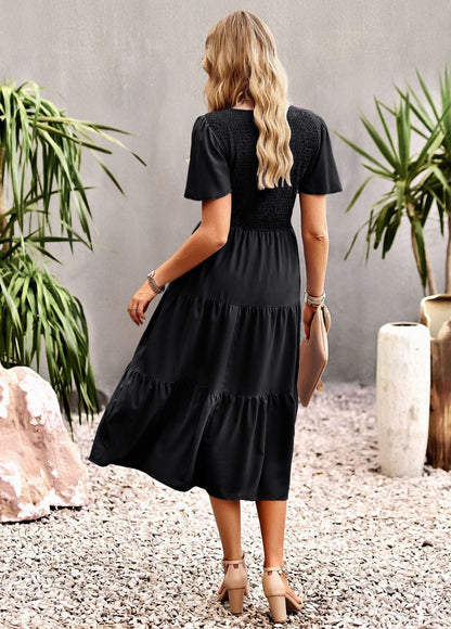 Midi Dress- Solid Smocked Waist Tiered Midi Dress- - IndioGear Fashion and Gear