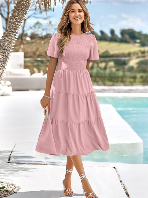 Midi Dress- Solid Smocked Waist Tiered Midi Dress- Pink- IndioGear Fashion and Gear