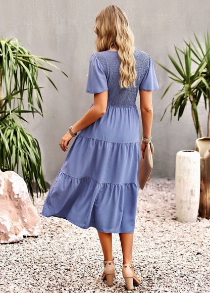 Midi Dress- Solid Smocked Waist Tiered Midi Dress- - IndioGear Fashion and Gear