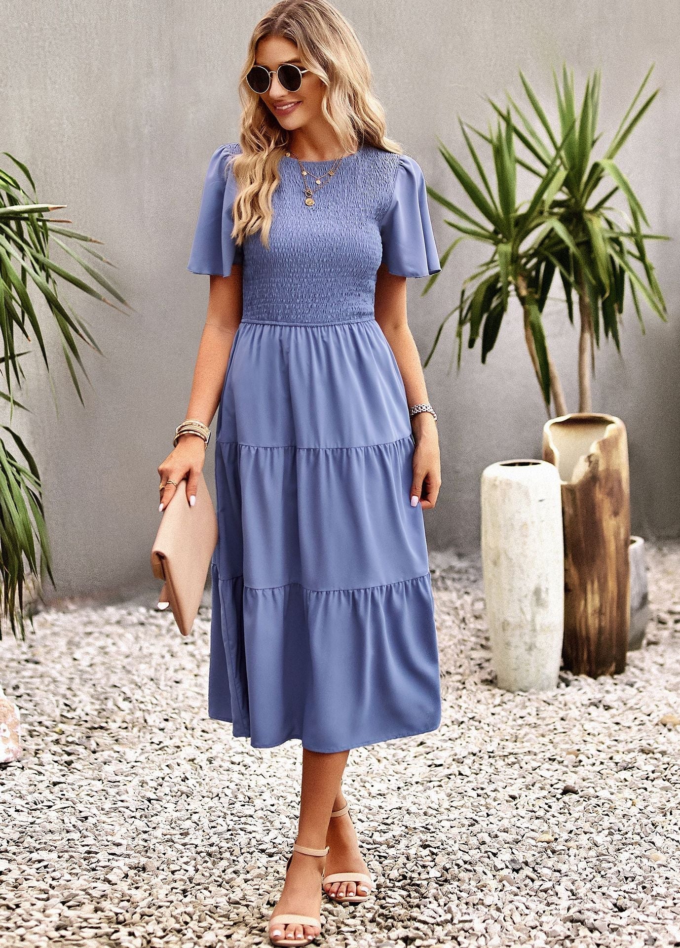 Midi Dress- Solid Smocked Waist Tiered Midi Dress- - IndioGear Fashion and Gear