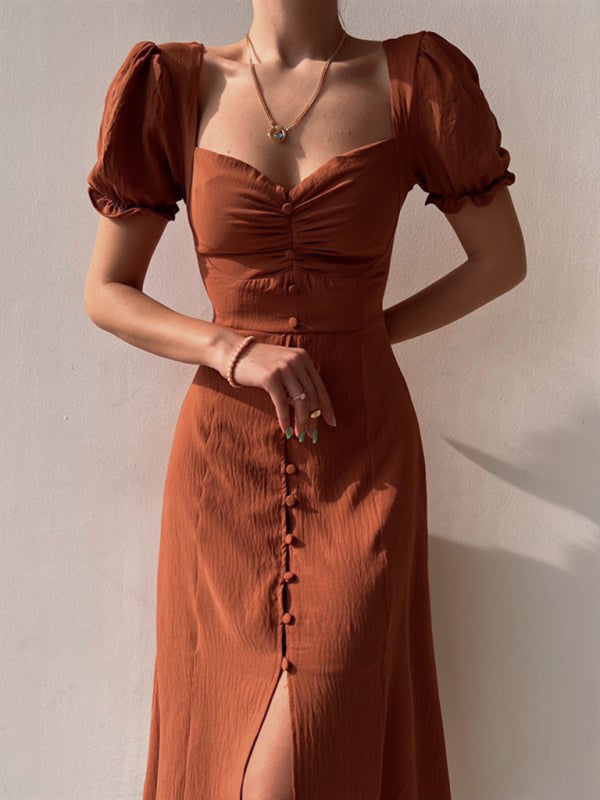 Midi Dress- Textured Cotton Bustier Sweetheart Collar Midi Dress- Brown- IndioGear Fashion and Gear