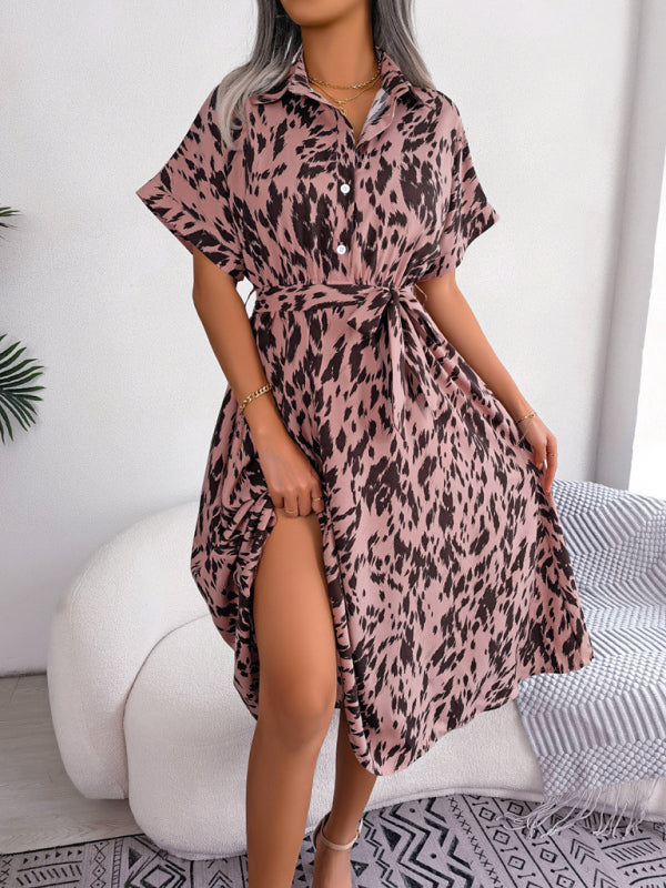 Midi Dress- Unleash Your Inner Wild with Our Leopard Print Midi Shirt Dress- Pink- IndioGear Fashion and Gear