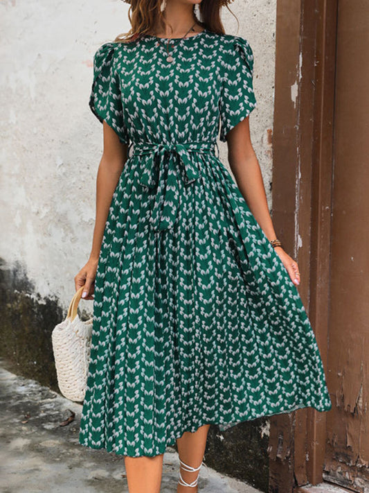 Midi Dresses- A-Line Belted Midi Dress In Green Print with Short Sleeves- Green black jasper- IndioGear Fashion and Gear