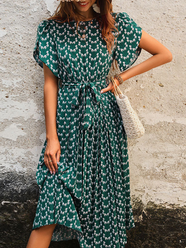 Midi Dresses- A-Line Belted Midi Dress In Green Print with Short Sleeves- - IndioGear Fashion and Gear