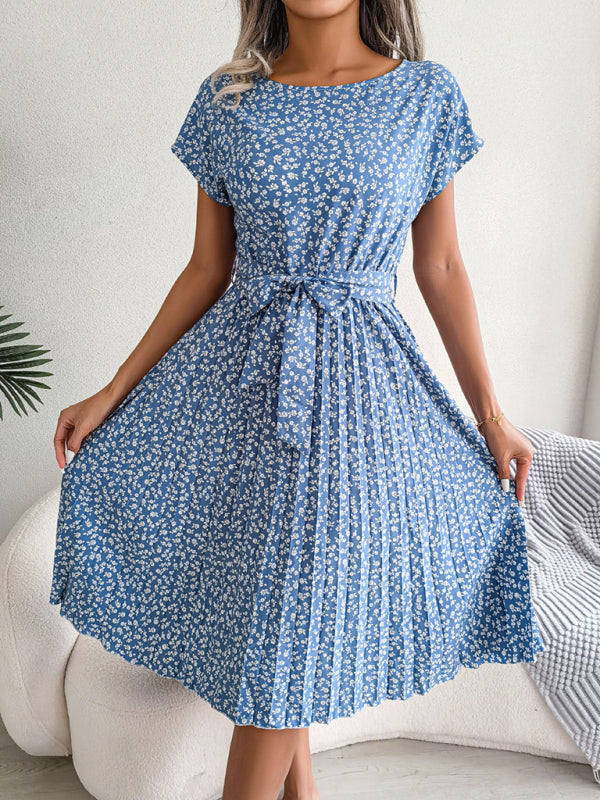 Midi Dresses- A-Line Floral Print Crewneck Midi Dress with Tie-Belt- Clear blue- IndioGear Fashion and Gear