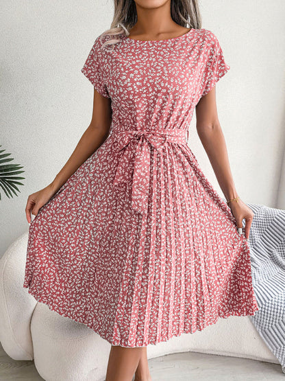 Midi Dresses- A-Line Floral Print Crewneck Midi Dress with Tie-Belt- Pink- IndioGear Fashion and Gear