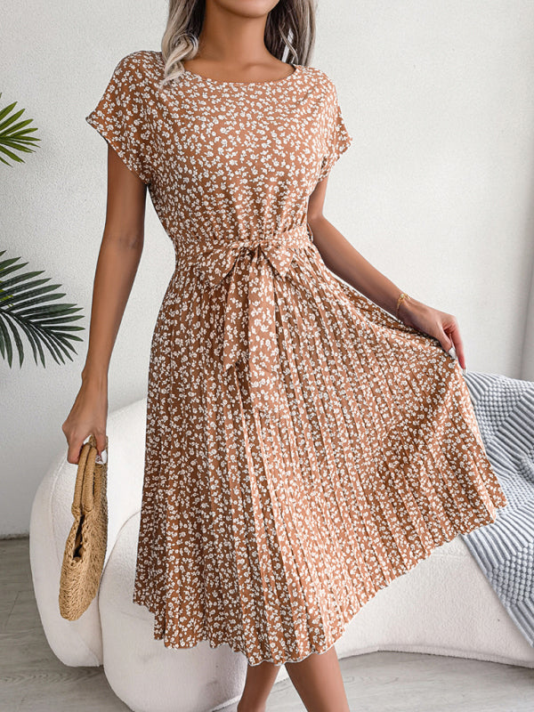 Midi Dresses- A-Line Floral Print Crewneck Midi Dress with Tie-Belt- - IndioGear Fashion and Gear