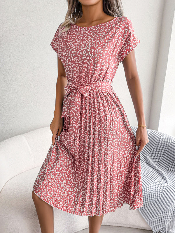 Midi Dresses- A-Line Floral Print Crewneck Midi Dress with Tie-Belt- - IndioGear Fashion and Gear