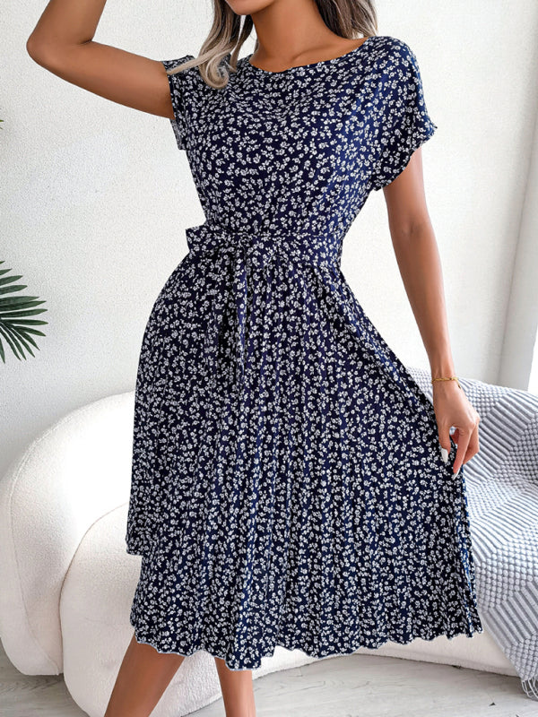 Midi Dresses- A-Line Floral Print Crewneck Midi Dress with Tie-Belt- - IndioGear Fashion and Gear