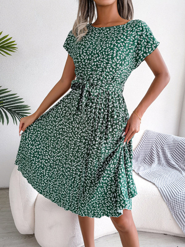 Midi Dresses- A-Line Floral Print Crewneck Midi Dress with Tie-Belt- - IndioGear Fashion and Gear