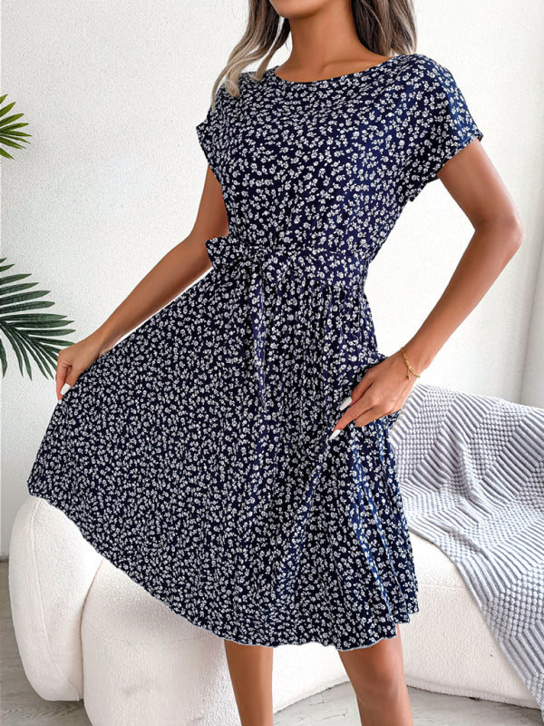 Midi Dresses- A-Line Floral Print Crewneck Midi Dress with Tie-Belt- - IndioGear Fashion and Gear