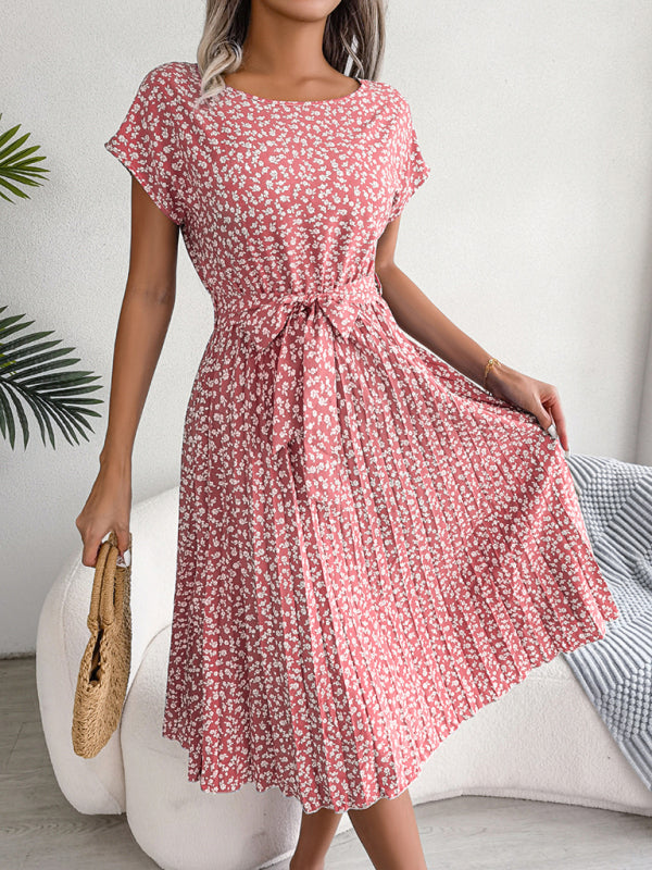 Midi Dresses- A-Line Floral Print Crewneck Midi Dress with Tie-Belt- - IndioGear Fashion and Gear