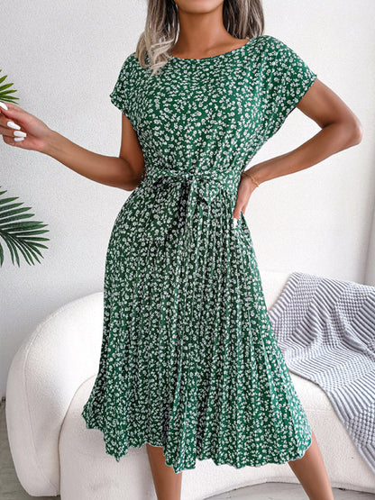 Midi Dresses- A-Line Floral Print Crewneck Midi Dress with Tie-Belt- - IndioGear Fashion and Gear