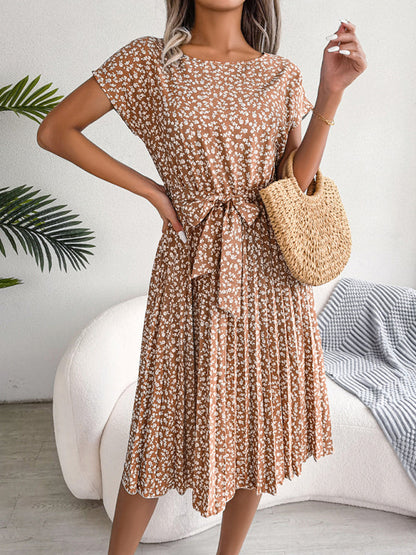 Midi Dresses- A-Line Floral Print Crewneck Midi Dress with Tie-Belt- - IndioGear Fashion and Gear