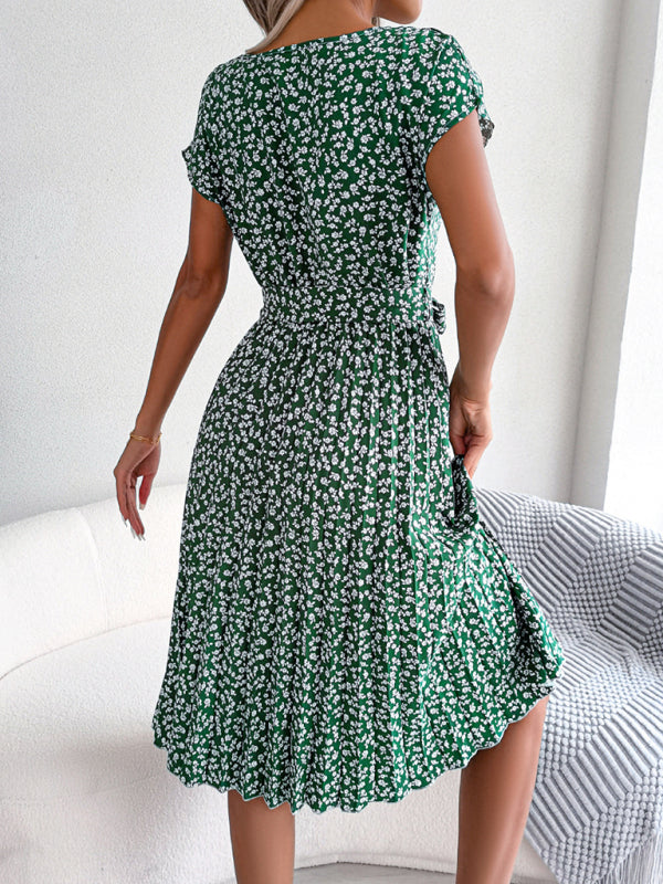 Midi Dresses- A-Line Floral Print Crewneck Midi Dress with Tie-Belt- - IndioGear Fashion and Gear