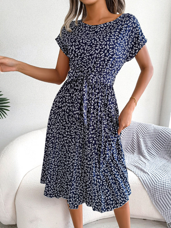 Midi Dresses- A-Line Floral Print Crewneck Midi Dress with Tie-Belt- - IndioGear Fashion and Gear