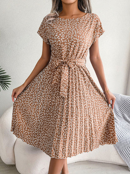 Midi Dresses- A-Line Floral Print Crewneck Midi Dress with Tie-Belt- Coffee- IndioGear Fashion and Gear