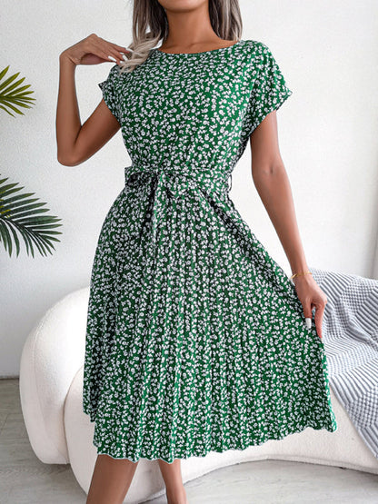 Midi Dresses- A-Line Floral Print Crewneck Midi Dress with Tie-Belt- Green- IndioGear Fashion and Gear