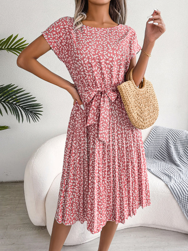 Midi Dresses- A-Line Floral Print Crewneck Midi Dress with Tie-Belt- - IndioGear Fashion and Gear