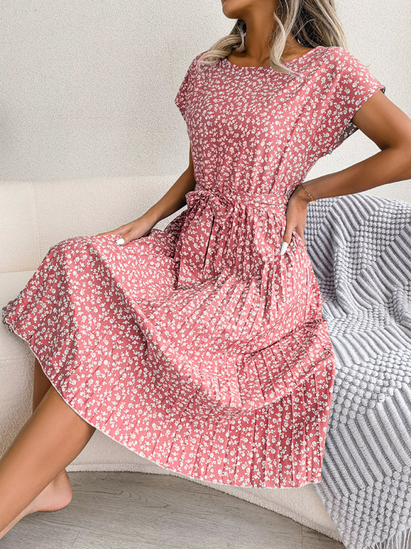 Midi Dresses- A-Line Floral Print Crewneck Midi Dress with Tie-Belt- - IndioGear Fashion and Gear