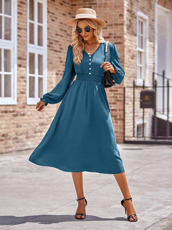 Midi Dresses- A-Line Smocked Waist Midi Dress with Long Sleeves in Textured Fabric- Blue- IndioGear Fashion and Gear