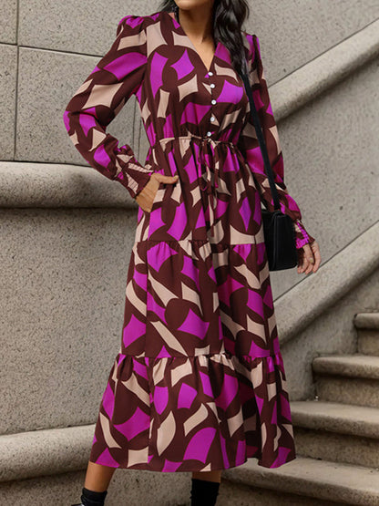 Midi Dresses- Abstract Print A-Line Midi Dress with Long Sleeves and Gathered Waist- Chuzko Women Clothing