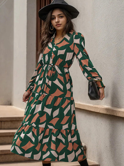 Midi Dresses- Abstract Print A-Line Midi Dress with Long Sleeves and Gathered Waist- Chuzko Women Clothing