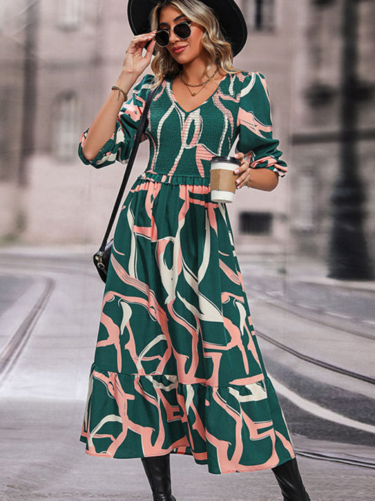 Midi Dresses- Abstract Print Smocked Ruffle Long Sleeve Midi Dress- Green- IndioGear Fashion and Gear