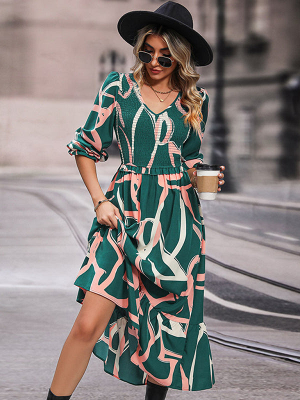 Midi Dresses- Abstract Print Smocked Ruffle Long Sleeve Midi Dress- - IndioGear Fashion and Gear