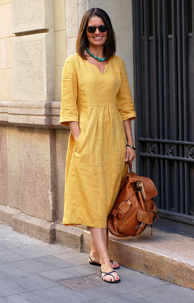 Midi Dresses- All-Day Ease: Notched Neck Midi Dress with 3/4 Sleeves and Pockets- - IndioGear Fashion and Gear