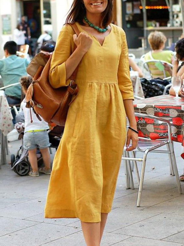 Midi Dresses- All-Day Ease: Notched Neck Midi Dress with 3/4 Sleeves and Pockets- Yellow- IndioGear Fashion and Gear