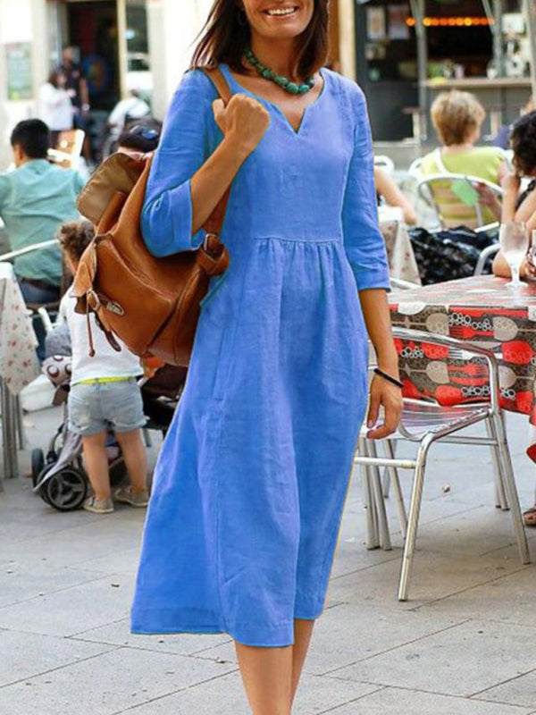 Midi Dresses- All-Day Ease: Notched Neck Midi Dress with 3/4 Sleeves and Pockets- Blue- IndioGear Fashion and Gear