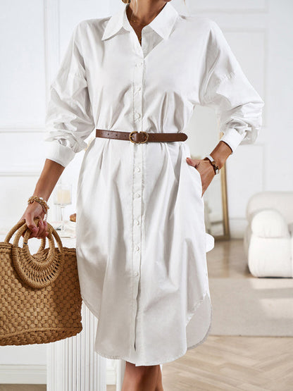 Midi Dresses- All-Occasion Cotton Fancy Shirt Midi Dress with Pockets - Without Belt- White- IndioGear Fashion and Gear