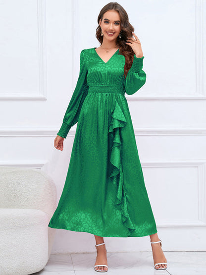 Midi Dresses- Autumn Jacquard Leopard Lantern Sleeve Open Back Long Dress- Green- IndioGear Clothing and Gear