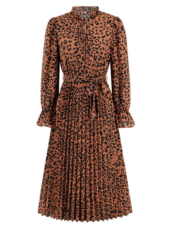 Midi Dresses- Autumn Leopard Pleated Lantern Sleeve Belt-Tie Mock Neck Dress- - IndioGear Clothing and Gear