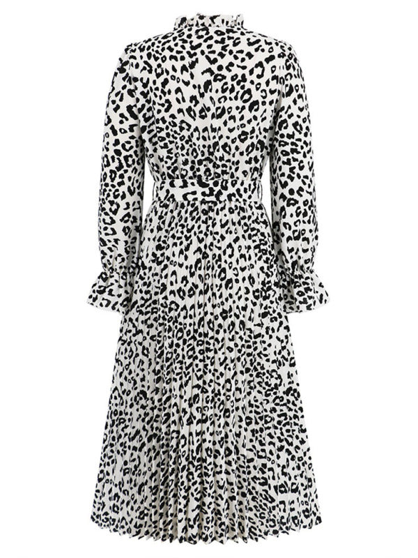 Midi Dresses- Autumn Leopard Pleated Lantern Sleeve Belt-Tie Mock Neck Dress- - IndioGear Clothing and Gear