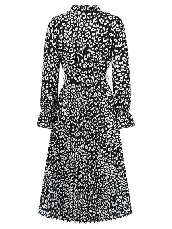 Midi Dresses- Autumn Leopard Pleated Lantern Sleeve Belt-Tie Mock Neck Dress- - IndioGear Clothing and Gear