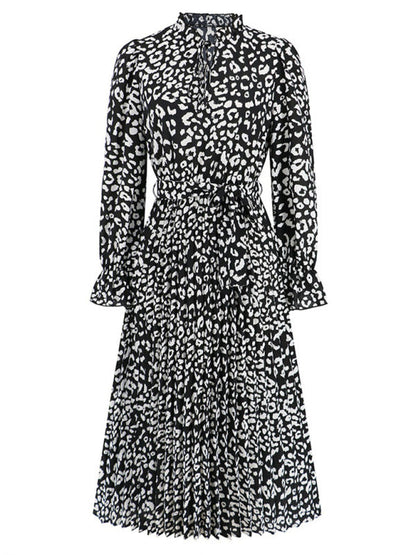 Midi Dresses- Autumn Leopard Pleated Lantern Sleeve Belt-Tie Mock Neck Dress- - IndioGear Clothing and Gear