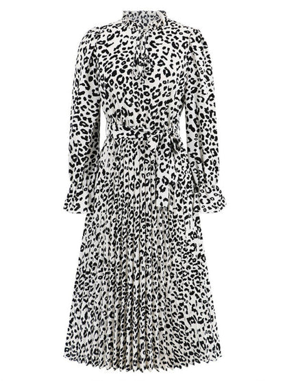 Midi Dresses- Autumn Leopard Pleated Lantern Sleeve Belt-Tie Mock Neck Dress- - IndioGear Clothing and Gear