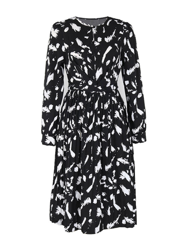 Midi Dresses-Black Print A-Line Midi Dress with Belt-Tie & Lantern Sleeves-Pekosa Women Clothing