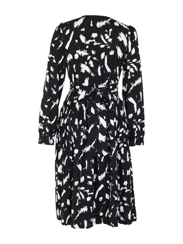 Midi Dresses-Black Print A-Line Midi Dress with Belt-Tie & Lantern Sleeves-Pekosa Women Clothing