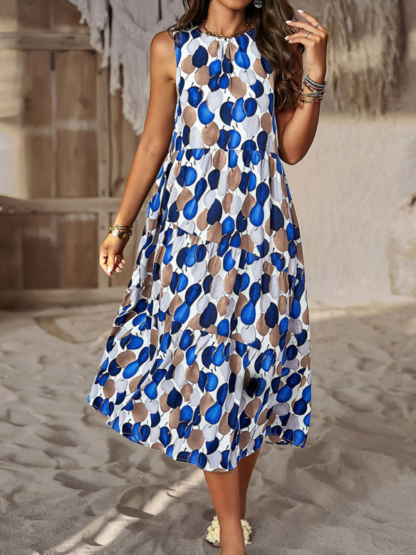 Midi Dresses- Boho Full Print Tank Dress: Tiered Design, Side Pockets- - Pekosa Women Clothing