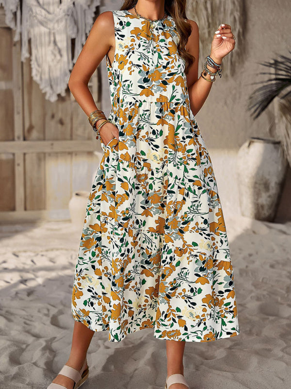 Midi Dresses- Boho Full Print Tank Dress: Tiered Design, Side Pockets- - Pekosa Women Clothing