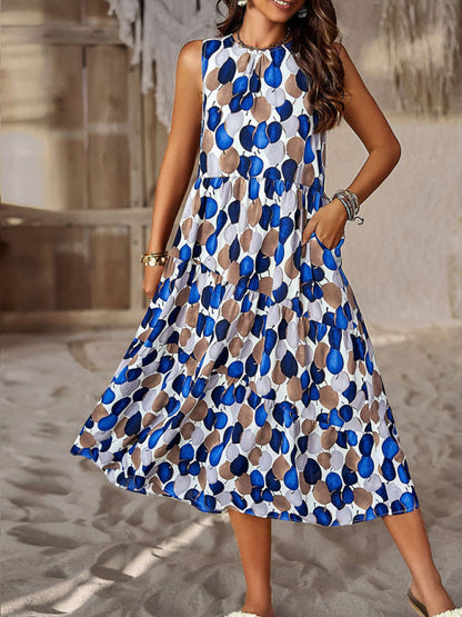 Midi Dresses- Boho Full Print Tank Dress: Tiered Design, Side Pockets- Blue- Pekosa Women Clothing