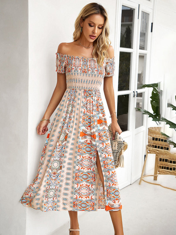 Midi Dresses- Boho Off-Shoulder Floral Slit Midi Dress with Smocked Bodice- Cracker khaki- IndioGear Fashion and Gear